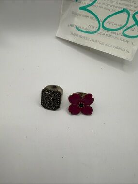 Silver Tone Marcasite Ring and Magenta Enamel Flower Ring Set
